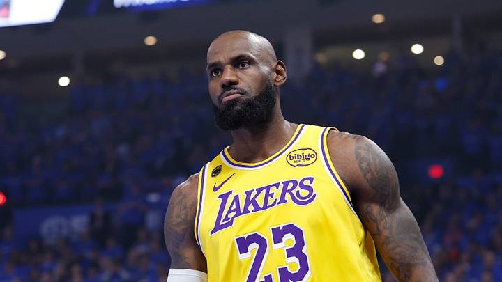 LeBron James looks towards his bench. LeBron James looks towards his bench.