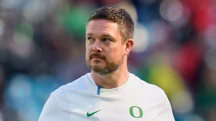 Oregon head coach Dan Lanning walks the field during warmups as the Oregon Ducks take on the Texas Tech Red Raiders in the Orange Bowl on Jan. 1, 2026, at Hard Rock Stadium in Miami, Florida. Oregon head coach Dan Lanning walks the field during warmups as the Oregon Ducks take on the Texas Tech Red Raiders in the Orange Bowl on Jan. 1, 2026, at Hard Rock Stadium in Miami, Florida.