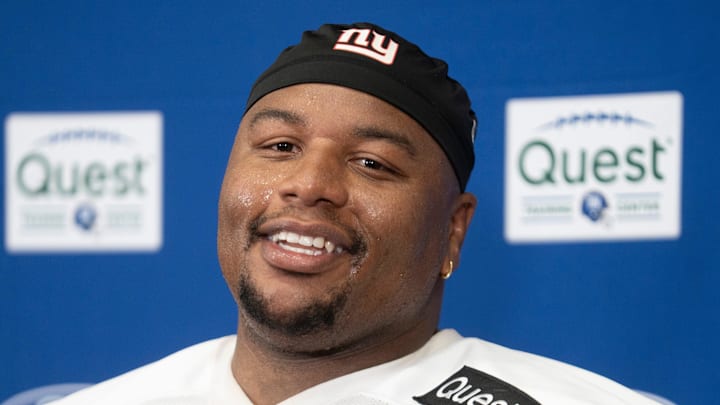 New York Giants defensive tackle Dexter Lawrence II speaks at a press conference.