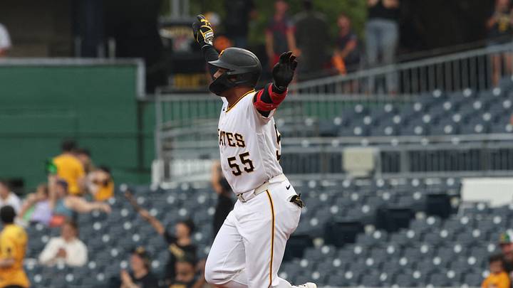 Jun 28, 2026; Pittsburgh, Pennsylvania, USA; Pittsburgh Pirates right fielder Esmerlyn Valdez (55) gestures as he circles the bases on a solo home run against the Cincinnati Reds during the eighth inning at PNC Park. Mandatory Credit: Charles LeClaire-Imagn Images Jun 28, 2026; Pittsburgh, Pennsylvania, USA; Pittsburgh Pirates right fielder Esmerlyn Valdez (55) gestures as he circles the bases on a solo home run against the Cincinnati Reds during the eighth inning at PNC Park. Mandatory Credit: Charles LeClaire-Imagn Images