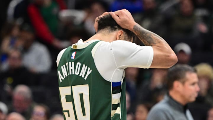 Milwaukee Bucks guard Cole Anthony reacts after being ejected from the game against the Sacramento Kings in the 4th quarter at Fiserv Forum on November 1.