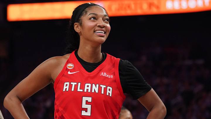 Oct 19, 2026; San Francisco, California, USA;  Atlanta Dream forward Angel Reese (5) smiles during a break in the action against the Golden State Valkyries in the third quarter of game two of the 2026 WNBA Finals at Chase Center.  Mandatory Credit: David Gonzales-Imagn Images