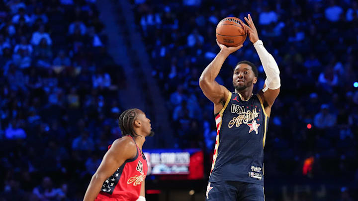 Feb 15, 2026; Inglewood, California, USA; Team USA Stripes guard Donovan Mitchell (45) of the Cleveland Cavaliers shoots in game four against Team Stars during the 75th NBA All Star Game at Intuit Dome. Mandatory Credit: Kirby Lee-Imagn Images Feb 15, 2026; Inglewood, California, USA; Team USA Stripes guard Donovan Mitchell (45) of the Cleveland Cavaliers shoots in game four against Team Stars during the 75th NBA All Star Game at Intuit Dome. Mandatory Credit: Kirby Lee-Imagn Images