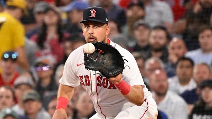 Boston Red Sox first baseman Nathaniel Lowe (37) makes a catch for an out against the Cleveland Guardians during the third inning at Fenway Park.