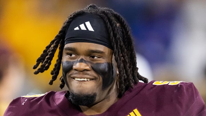 Nov 28, 2025; Tempe, Arizona, USA; Arizona State Sun Devils offensive lineman Max Iheanachor (58) against the Arizona Wildcats during the 99th Territorial Cup at Mountain America Stadium. Mandatory Credit: Mark J. Rebilas-Imagn Images