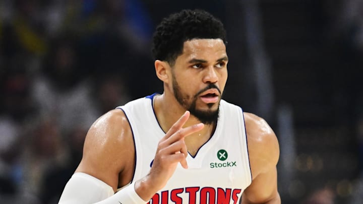 May 9, 2026; Cleveland, Ohio, USA; Detroit Pistons forward Tobias Harris (12) celebrates after hitting a three point basket against the Cleveland Cavaliers during the second half of game three in the second round of the 2026 NBA Playoffs at Rocket Arena. Mandatory Credit: Ken Blaze-Imagn Images