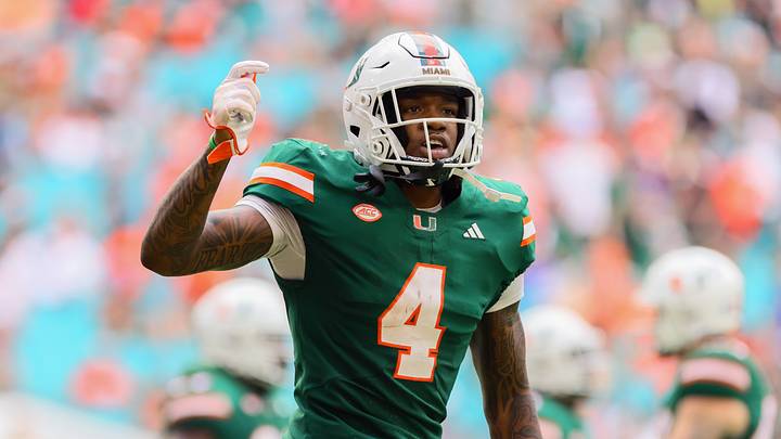 Nov 2, 2024; Miami Gardens, Florida, USA; Miami Hurricanes running back Mark Fletcher Jr. (4) celebrates after scoring a touchdown against the Duke Blue Devils during the fourth quarter at Hard Rock Stadium. Mandatory Credit: Sam Navarro-Imagn Images Nov 2, 2024; Miami Gardens, Florida, USA; Miami Hurricanes running back Mark Fletcher Jr. (4) celebrates after scoring a touchdown against the Duke Blue Devils during the fourth quarter at Hard Rock Stadium. Mandatory Credit: Sam Navarro-Imagn Images