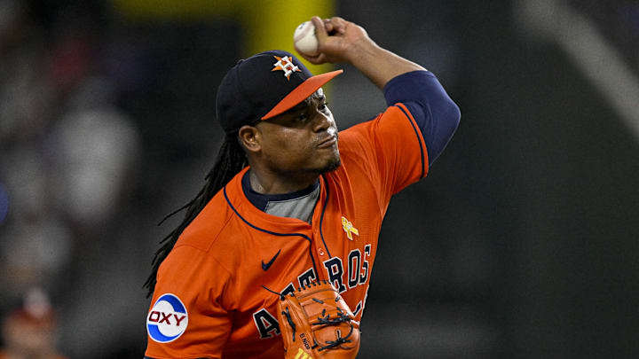Sep 7, 2025; Arlington, Texas, USA; Houston Astros starting pitcher Framber Valdez (59) throws the ball during the game between the Texas Rangers and the Houston Astros at Globe Life Field. Mandatory Credit: Jerome Miron-Imagn Images