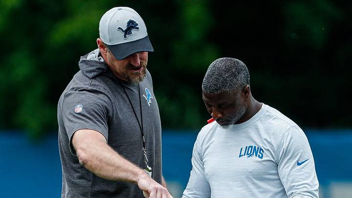 Detroit Lions coach Dan Campbell talks to former defensive coordinator Aaron Glenn during minicamp Detroit Lions coach Dan Campbell talks to former defensive coordinator Aaron Glenn during minicamp