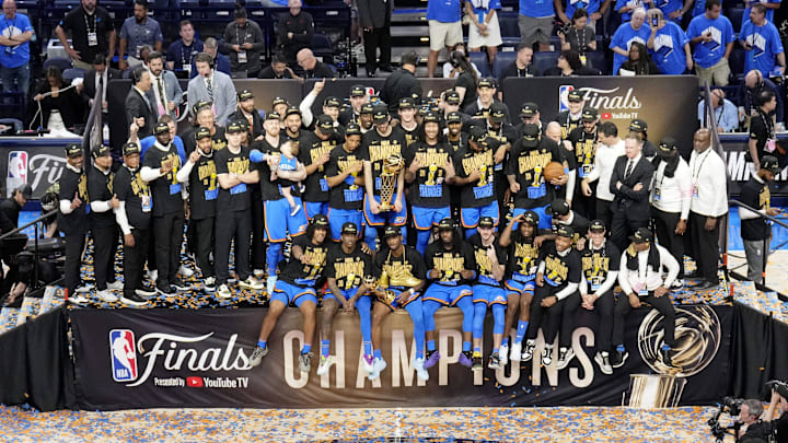 Jun 22, 2025; Oklahoma City, Oklahoma, USA; The Oklahoma City Thunder celebrate after winning game seven of the 2025 NBA Finals against the Indiana Pacers at Paycom Center. Mandatory Credit: Kyle Terada-Imagn Images
