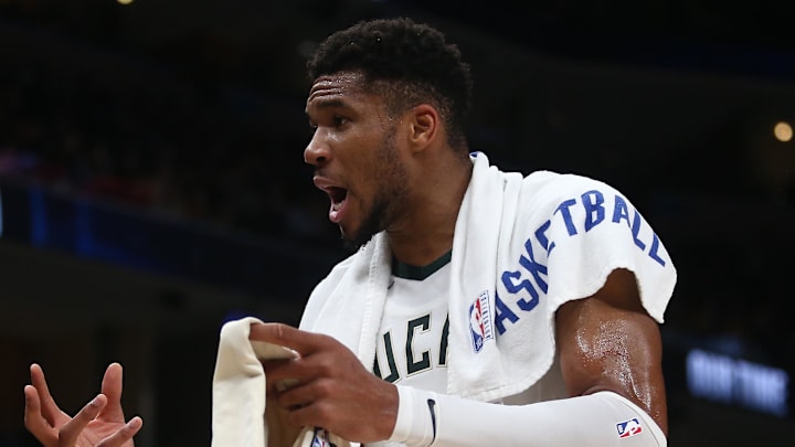 Oct 31, 2024; Memphis, Tennessee, USA; Milwaukee Bucks forward Giannis Antetokounmpo (34) reacts from the bench area during the first half against the Memphis Grizzlies at FedExForum. Mandatory Credit: Petre Thomas-Imagn Images Oct 31, 2024; Memphis, Tennessee, USA; Milwaukee Bucks forward Giannis Antetokounmpo (34) reacts from the bench area during the first half against the Memphis Grizzlies at FedExForum. Mandatory Credit: Petre Thomas-Imagn Images