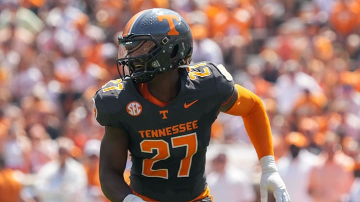 Tennessee defensive lineman James Pearce Jr. (27) runs during a football game between Tennessee and Chattanooga at Neyland Stadium in Knoxville, Tenn., on Saturday, August 31, 2024.