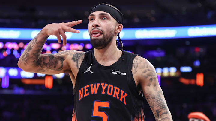 Mar 17, 2026; New York, New York, USA;  New York Knicks guard Jose Alvarado (5) gestures after scoring in the third quarter against the Indiana Pacers at Madison Square Garden. Mandatory Credit: Wendell Cruz-Imagn Images