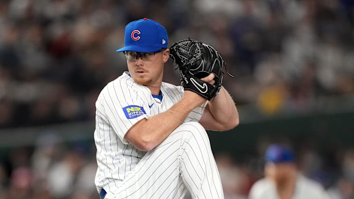 Mar 15, 2025; Bunkyo, Tokyo, Japan; Chicago Cubs pitcher Jordan Wicks (36) throws a pitch against the Hanshin Tigers during the eighth inning at Tokyo Dome. Mar 15, 2025; Bunkyo, Tokyo, Japan; Chicago Cubs pitcher Jordan Wicks (36) throws a pitch against the Hanshin Tigers during the eighth inning at Tokyo Dome.