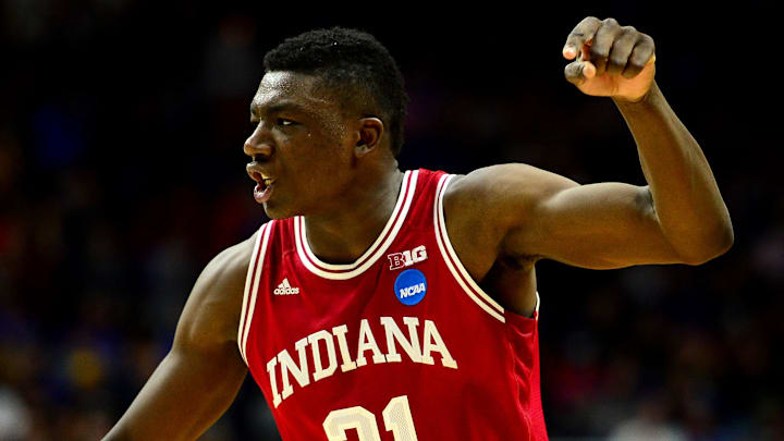 Indiana Hoosiers center Thomas Bryant (31) celebrates a win over the Kentucky Wildcats during the 2016 NCAA Tournament at Wells Fargo Arena. 