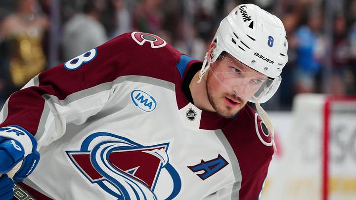 May 24, 2026; Las Vegas, Nevada, USA; Colorado Avalanche defenseman Cale Makar (8) warms up before a game against the Vegas Golden Knights in game three of the Western Conference Final of the 2026 Stanley Cup Playoffs at T-Mobile Arena. Mandatory Credit: Stephen R. Sylvanie-Imagn Images