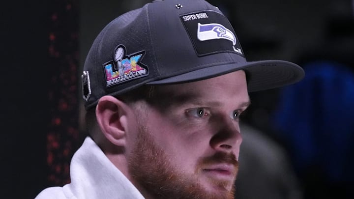 Feb 2, 2026; San Jose, CA, USA; Seattle Seahawks quarterback Sam Darnold (14) during Opening Night for Super Bowl LX at San Jose Convention Center. Mandatory Credit: Kirby Lee-Imagn Images