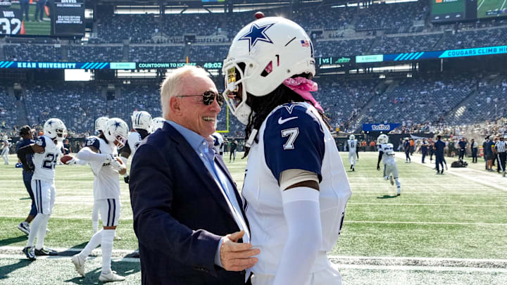 Dallas Cowboys owner Jerry Jones with cornerback Trevon Diggs (7) on the field prior to a game against the New York Jets Dallas Cowboys owner Jerry Jones with cornerback Trevon Diggs (7) on the field prior to a game against the New York Jets