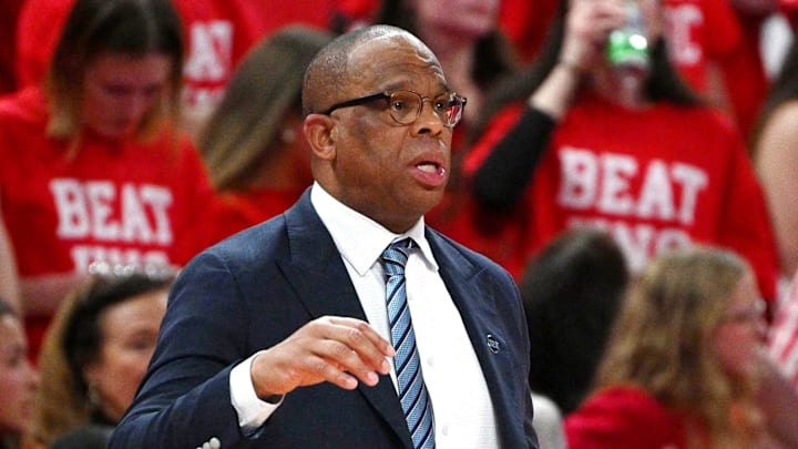 Feb 17, 2026; Raleigh, North Carolina, USA;  North Carolina Tar Heels head coach Hubert Davis reacts during the first half against the NC State Wolfpack at Lenovo Center. Mandatory Credit: Zachary Taft-Imagn Images