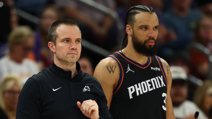 Apr 27, 2026; Phoenix, Arizona, USA; Phoenix Suns head coach Jordan Ott with forward Dillon Brooks (3) against the Oklahoma City Thunder in the second half during game four of the first round of the 2026 NBA Playoffs at Mortgage Matchup Center. Mandatory Credit: Mark J. Rebilas-Imagn Images Apr 27, 2026; Phoenix, Arizona, USA; Phoenix Suns head coach Jordan Ott with forward Dillon Brooks (3) against the Oklahoma City Thunder in the second half during game four of the first round of the 2026 NBA Playoffs at Mortgage Matchup Center. Mandatory Credit: Mark J. Rebilas-Imagn Images