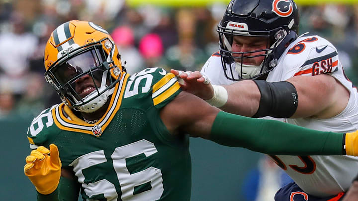Green Bay Packers linebacker Edgerrin Cooper (56) beats a block by Chicago Bears center Coleman Shelton last season. Green Bay Packers linebacker Edgerrin Cooper (56) beats a block by Chicago Bears center Coleman Shelton last season.