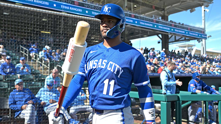 Feb 20, 2026; Surprise, Arizona, USA;  Kansas City Royals third baseman Maikel Garcia (11) on deck for the first inning against the Texas Rangers at Surprise Stadium. Mandatory Credit: Jayne Kamin-Oncea-Imagn Images