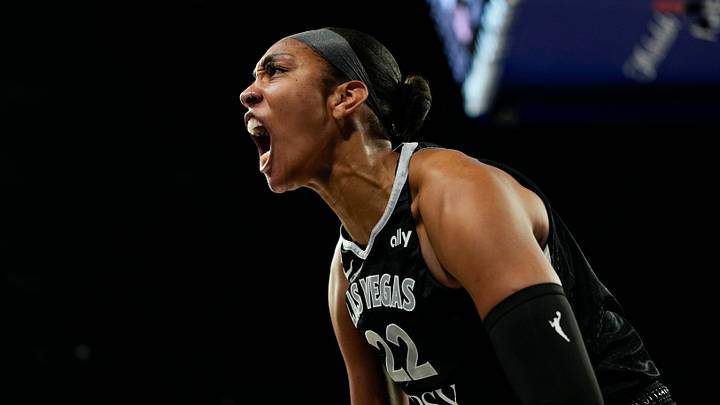 Las Vegas, Nevada, USA; Las Vegas Aces center A'ja Wilson (22) reacts after scoring against the Indiana Fever during the first quarter of game one of the first round of the 2026 WNBA Playoffs at Michelob Ultra Arena on September 27, 2026. Las Vegas, Nevada, USA; Las Vegas Aces center A'ja Wilson (22) reacts after scoring against the Indiana Fever during the first quarter of game one of the first round of the 2026 WNBA Playoffs at Michelob Ultra Arena on September 27, 2026.
