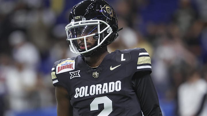 Dec 28, 2024; San Antonio, TX, USA; Colorado Buffaloes quarterback Shedeur Sanders (2) warms up before the game against the Brigham Young Cougars at Alamodome. Mandatory Credit: Troy Taormina-Imagn Images