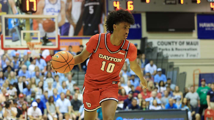 Nov 25, 2024; Lahaina, Hawaii, USA;  Dayton Flyers guard Hamad Mousa (10) makes his way towards the basket against the North Carolina Tar Heels during the first half of an NCAA college basketball game at Lahaina Civic Center. Mandatory Credit: Marco Garcia-Imagn Images