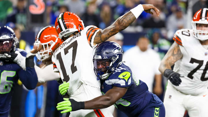 Aug 24, 2024; Seattle, Washington, USA; Seattle Seahawks linebacker Jamie Sheriff (44) pressures Cleveland Browns quarterback Dorian Thompson-Robinson (17) during the second quarter at Lumen Field.