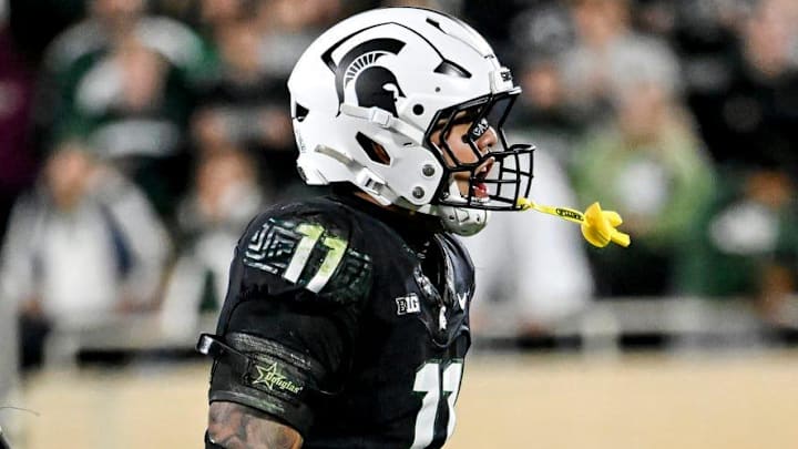 Michigan State's Anelu Lafaele celebrates after a defensive stop against Boston College during the third quarter on Saturday, Sept. 6, 2025, at Spartan Stadium in East Lansing.