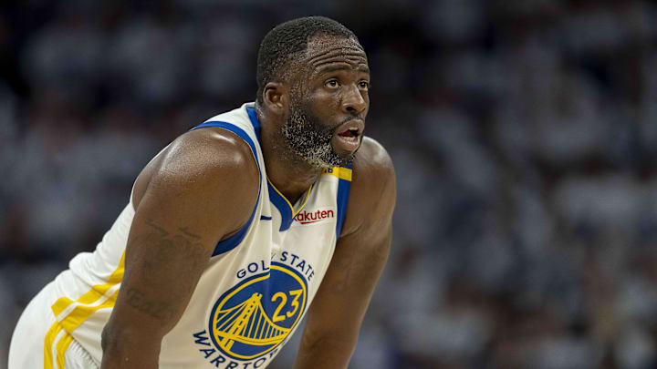 May 8, 2025; Minneapolis, Minnesota, USA; Golden State Warriors forward Draymond Green (23) looks on against the Minnesota Timberwolves in the second half during game two of the second round for the 2025 NBA Playoffs at Target Center.