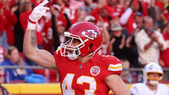 Oct 18, 2026; Kansas City, Missouri, USA; Kansas City Chiefs linebacker Jack Cochrane (43) celebrates an interception during the second quarter against the Los Angeles Chargers at GEHA Field at Arrowhead Stadium. Mandatory Credit: William Purnell-Imagn Images Oct 18, 2026; Kansas City, Missouri, USA; Kansas City Chiefs linebacker Jack Cochrane (43) celebrates an interception during the second quarter against the Los Angeles Chargers at GEHA Field at Arrowhead Stadium. Mandatory Credit: William Purnell-Imagn Images