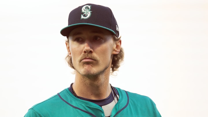Seattle Mariners starting pitcher Bryce Miller (50) walks off the field after retiring the side during the second inning against the San Francisco Giants at Oracle Park on April 5. 