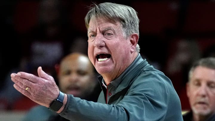 NC State coach Wes Moore gestures during a women's college basketball game between the University of Oklahoma Sooners (OU) and the NC State Wolfpack at Lloyd Noble Center in Norman, Okla., Wednesday, Dec. 3, 2025. Oklahoma won 103-98.