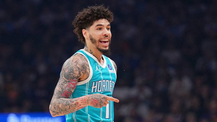 Mar 8, 2026; Phoenix, Arizona, USA; Charlotte Hornets guard LaMelo Ball (1) reacts after making a basket against the Phoenix Suns during the first half at Mortgage Matchup Center. Mandatory Credit: Joe Camporeale-Imagn Images