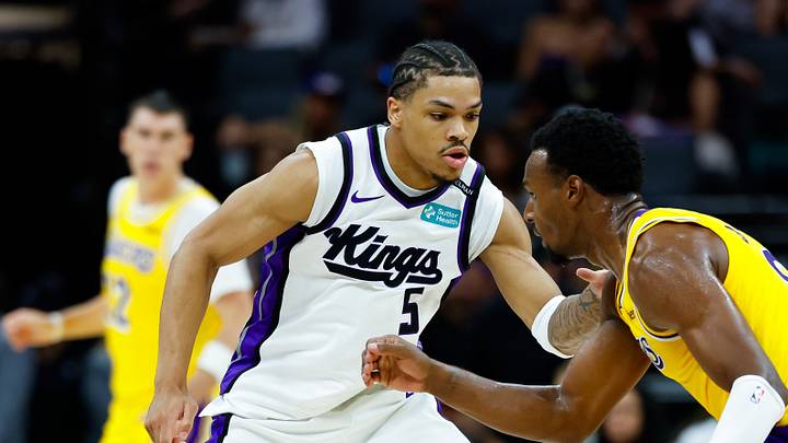Oct 5, 2026; Sacramento, California, USA; Sacramento Kings guard Darius Acuff Jr. (5) guards Los Angeles Lakers guard Bronny James (9) during the third quarter at Golden 1 Center. Mandatory Credit: Sergio Estrada-Imagn Images Oct 5, 2026; Sacramento, California, USA; Sacramento Kings guard Darius Acuff Jr. (5) guards Los Angeles Lakers guard Bronny James (9) during the third quarter at Golden 1 Center. Mandatory Credit: Sergio Estrada-Imagn Images