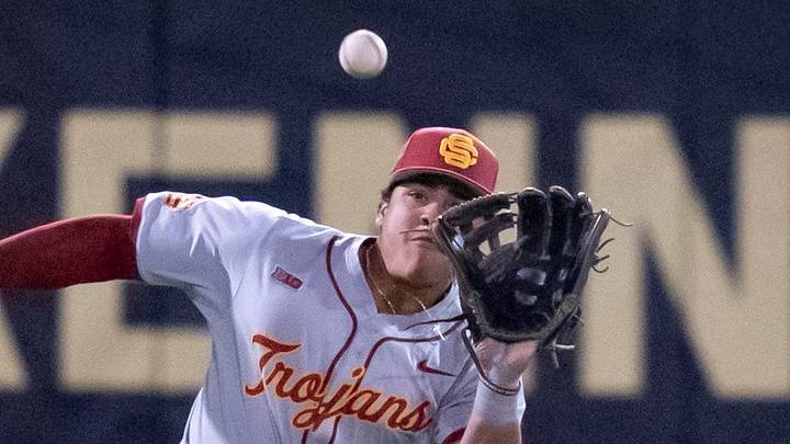 Isaac Cadena makes a catch to clinch the Trojans' win in extra innings as the Oregon Ducks host the USC Trojans on May 14, 2026, in Eugene, Oregon.