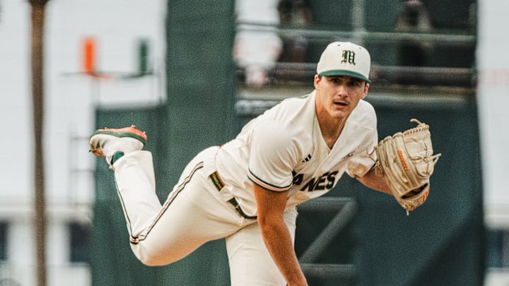 Miami Hurricanes freshman right-handed pitcher AJ Ciscar throwing a strike against No. 13 NC State.