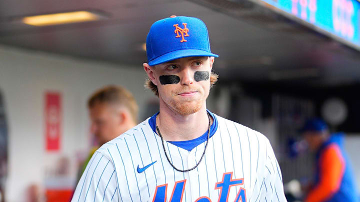 Apr 30, 2024; New York City, New York, USA;  New York Mets third baseman Brett Baty (22) prior to the game against the Chicago Cubs at Citi Field. Mandatory Credit: Gregory Fisher-Imagn Images