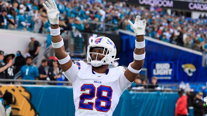 Buffalo Bills safety Sam Franklin Jr. waves to the Jacksonville Jaguars crowd during the AFC Wild Card playoff game.
