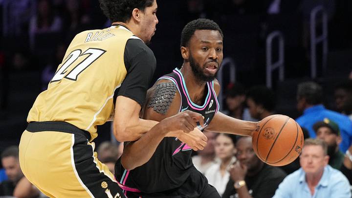 Apr 4, 2026; Miami, Florida, USA; Miami Heat forward Andrew Wiggins (22) drives past Washington Wizards guard Will Riley (27) during the first half at Kaseya Center. Mandatory Credit: Jim Rassol-Imagn Images Apr 4, 2026; Miami, Florida, USA; Miami Heat forward Andrew Wiggins (22) drives past Washington Wizards guard Will Riley (27) during the first half at Kaseya Center. Mandatory Credit: Jim Rassol-Imagn Images