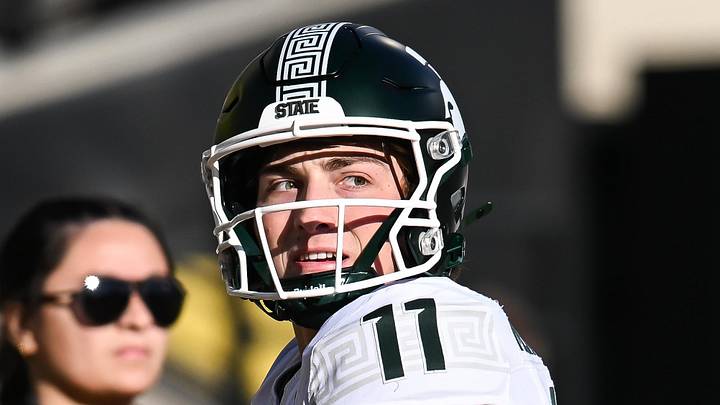 Nov 22, 2025; Iowa City, Iowa, USA; Michigan State Spartans quarterback Alessio Milivojevic (11) warms up before the game against the Iowa Hawkeyes at Kinnick Stadium. Nov 22, 2025; Iowa City, Iowa, USA; Michigan State Spartans quarterback Alessio Milivojevic (11) warms up before the game against the Iowa Hawkeyes at Kinnick Stadium.