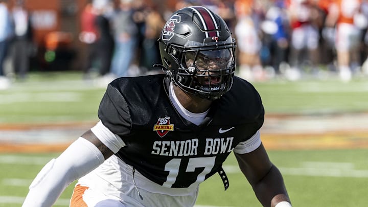Jan 29, 2025; Mobile, AL, USA; American team linebacker Demetrius Knight II of South Carolina (17) works in drills during Senior Bowl practice for the National team at Hancock Whitney Stadium. Mandatory Credit: Vasha Hunt-Imagn Images
