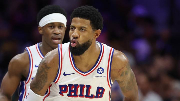 Apr 30, 2026; Philadelphia, Pennsylvania, USA; Philadelphia 76ers forward Paul George (8) reacts to his score against the Boston Celtics during the second quarter at Xfinity Mobile Arena on April 30, 2026