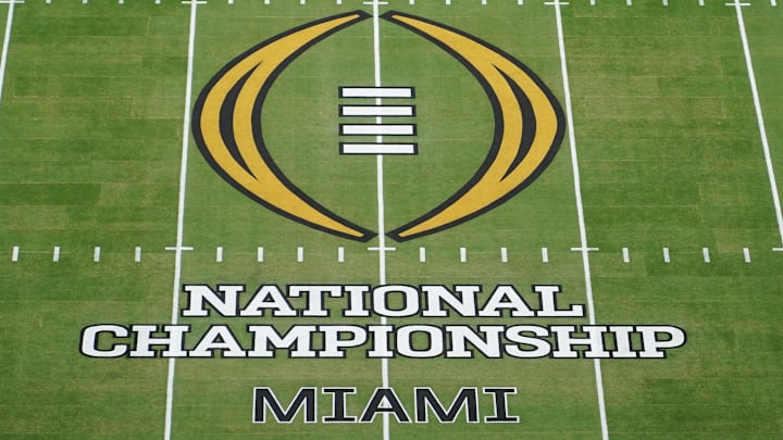 Jan 19, 2026; Miami Gardens, FL, USA; A general view of the center field logo before the CFP National Championship college football game between the Indiana Hoosiers and the Miami Hurricanes at Hard Rock Stadium. Mandatory Credit: James Lang-Imagn Images