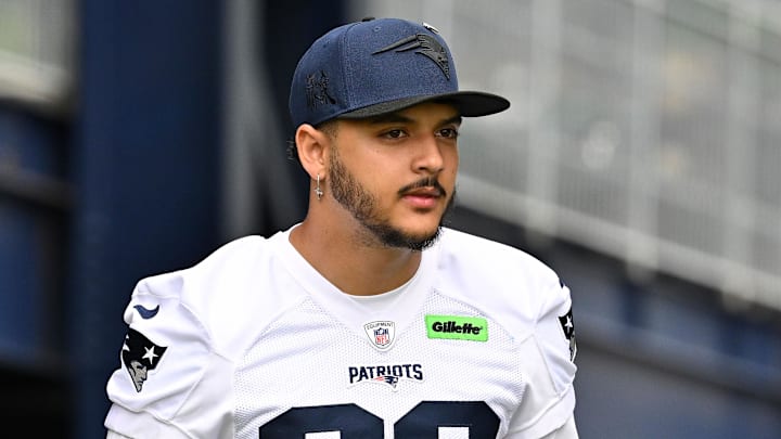 Jun 9, 2025; Foxborough, MA, USA; New England Patriots place kicker Andres Borregales (36) walks to the practice fields at Gillette Stadium. Mandatory Credit: Eric Canha-Imagn Images