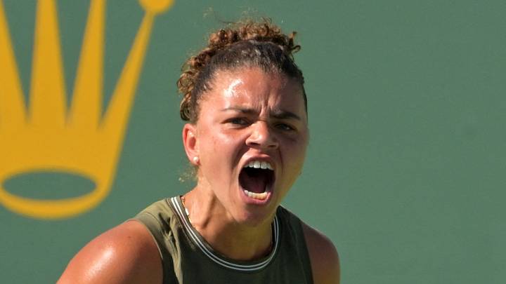Jasmine Paolini reacts to a point during a match Jasmine Paolini reacts to a point during a match