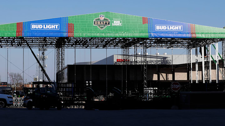 Crews work to construct NFL draft theater on April 11 in the parking lot outside Lambeau Field. Crews work to construct NFL draft theater on April 11 in the parking lot outside Lambeau Field.