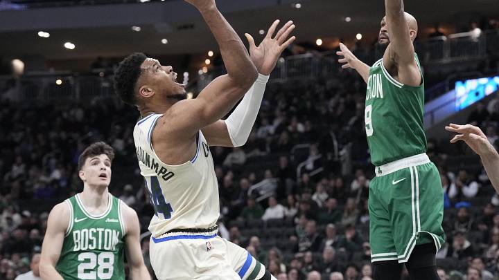 Mar 2, 2026; Milwaukee, Wisconsin, USA; Milwaukee Bucks forward Giannis Antetokounmpo (34) shoots against Boston Celtics guard Derrick White (9) in the first half at Fiserv Forum. Mandatory Credit: Michael McLoone-Imagn Images Mar 2, 2026; Milwaukee, Wisconsin, USA; Milwaukee Bucks forward Giannis Antetokounmpo (34) shoots against Boston Celtics guard Derrick White (9) in the first half at Fiserv Forum. Mandatory Credit: Michael McLoone-Imagn Images